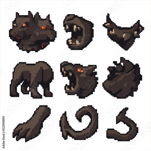 Cerberus Anatomy Icons. Pixel art icon set of Cerberus anatomy: three heads, sharp fangs, spiked collar, muscular body, barking