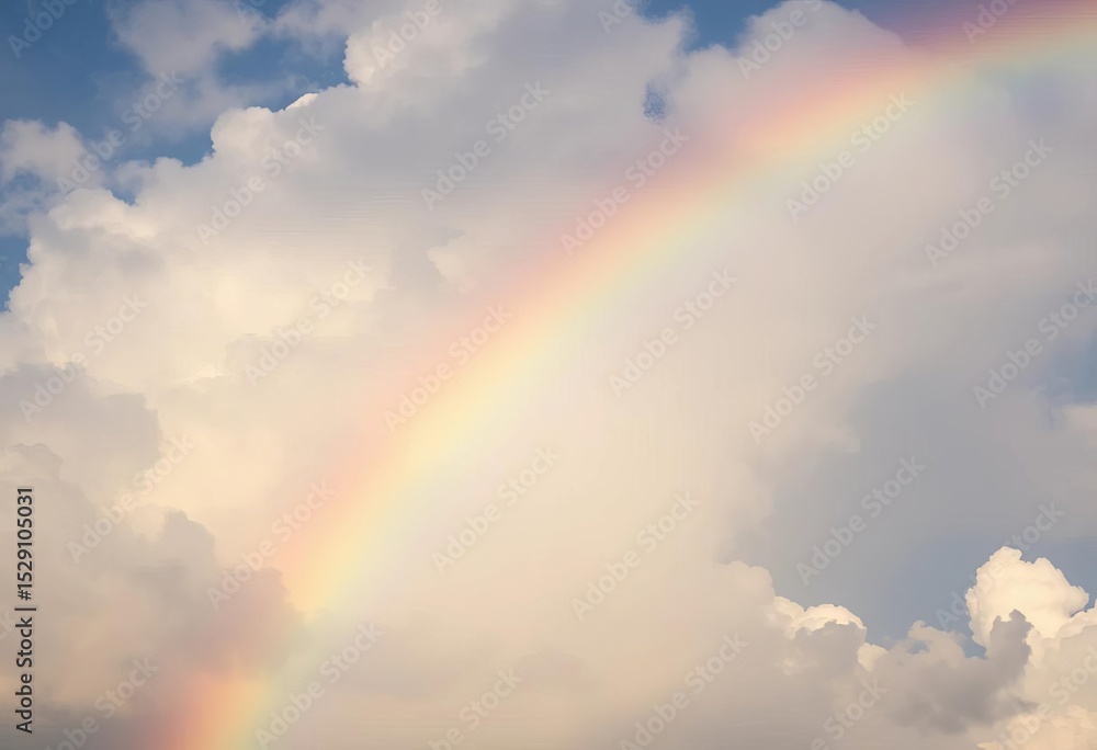 Vibrant rainbow arch across a fluffy white cloud-filled sky, acrylic, watercolor Vibrant rainbow arch across a fluffy white cloud-filled sky, acrylic, watercolor