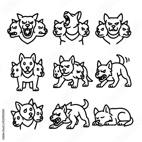 Cerberus Emotions Icons. Outline icon set of Cerberus emotions: fierce growl, triumphant roar, snarling lips, alert stance,