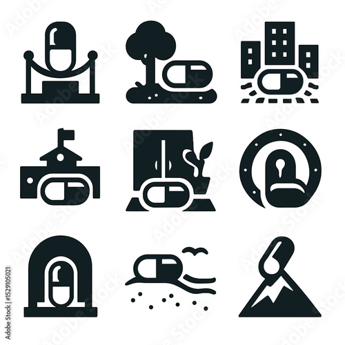 Capsule Icon Locations. Flat icon set of capsule placement contexts: museum display, park ground, city plaza, school yard,