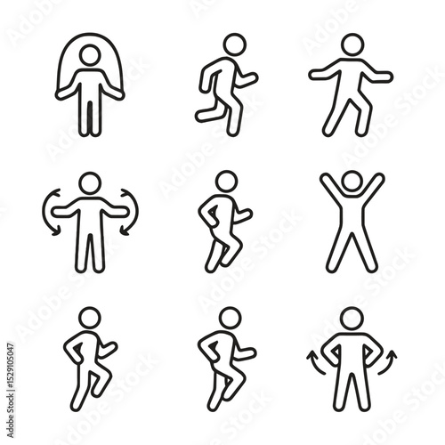 Cardio Move Icons. Outline icon set of warm-up cardio moves: jump rope, butt kicks, side shuffle, arm circles, jog in place,