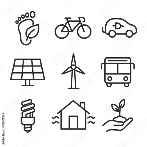 Carbon Footprint Icons. Outline icon set of carbon footprint reduction: footprint with leaf, bike icon, electric car, solar panel,