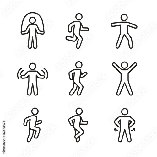 Cardio Move Icons. Outline icon set of warm-up cardio moves: jump rope, butt kicks, side shuffle, arm circles, jog in place,