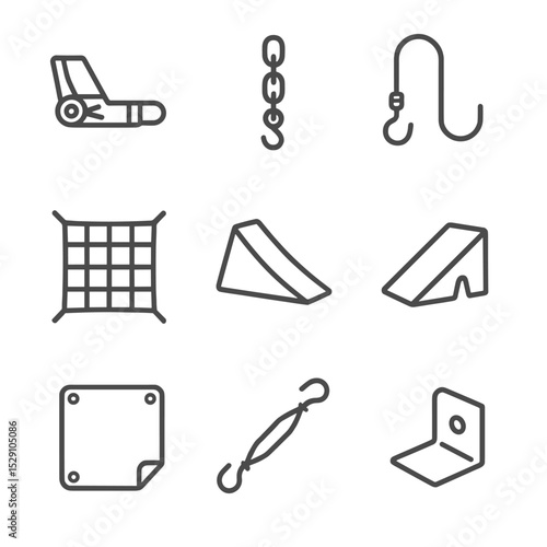 Cargo Securing Icons. Outline icon set of cargo securing: ratchet strap, chain tie-down, bungee cord, cargo net, wheel chock, edge