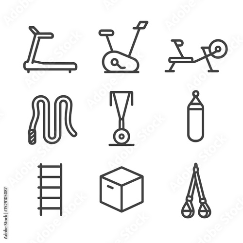 Cardio Equipment Icons. Outline icon set of gym equipment for cardio training: treadmill, stationary bike, rowing machine, battle