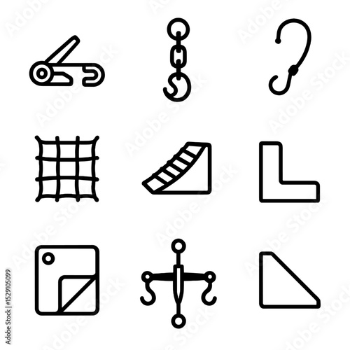 Cargo Securing Icons. Outline icon set of cargo securing: ratchet strap, chain tie-down, bungee cord, cargo net, wheel chock, edge