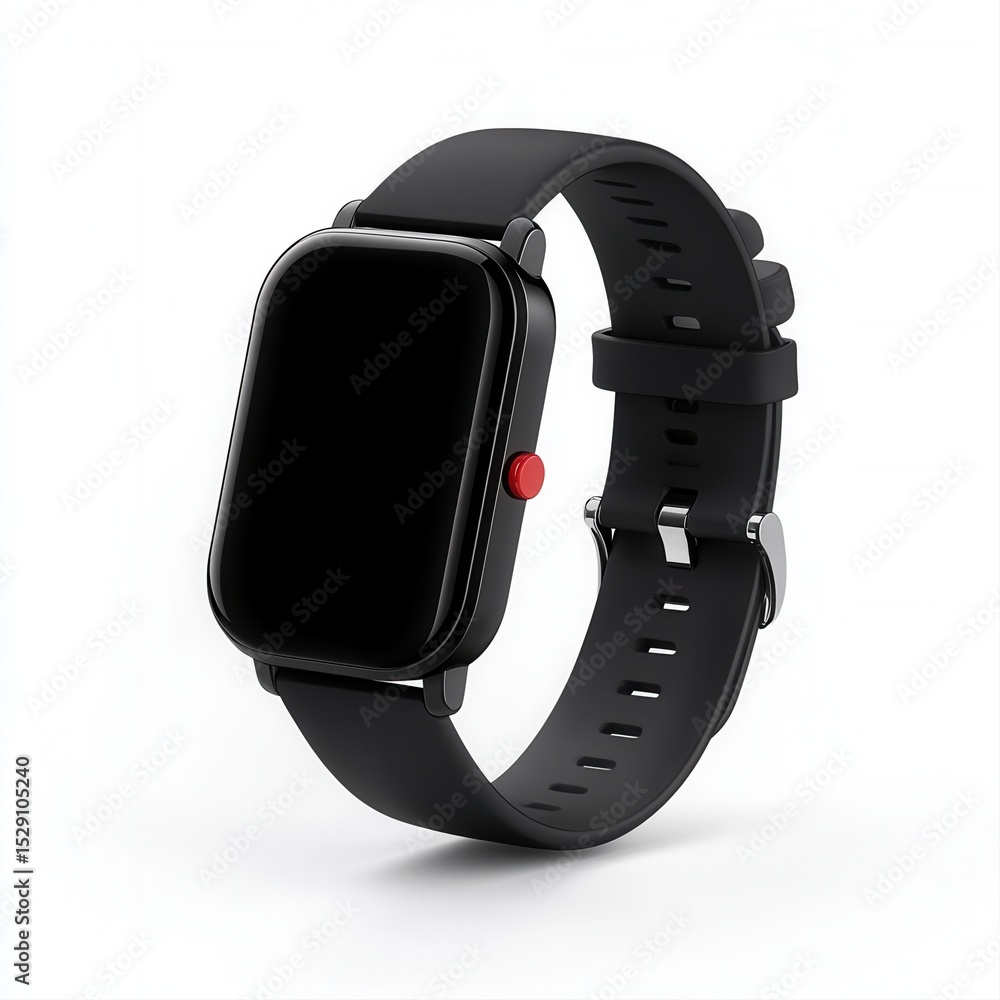 Black Smartwatch with Red Button and Smooth Strap on White Background Black Smartwatch with Red Button and Smooth Strap on White Background