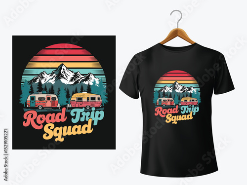 Road trip squad design with retro camper vans and mountain landscape illustration