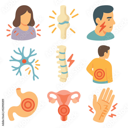 Chronic Pain Icon Set. Isometric Flat icon set of chronic pain conditions: fibromyalgia, arthritis joint, migraine head, sciatica
