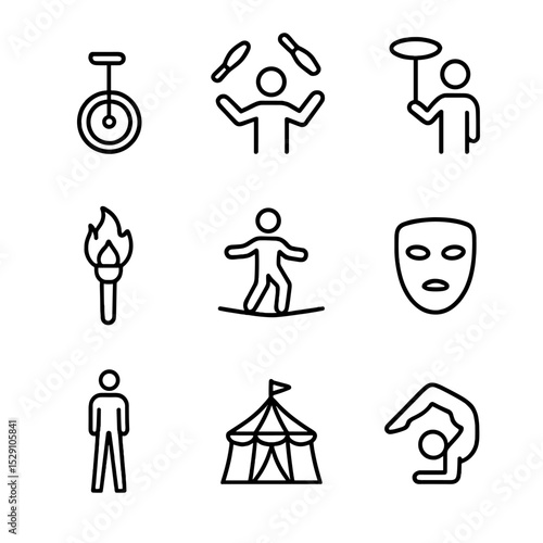 Circus Performers Icons. Outline icon set of circus street performers: unicycle, juggling clubs, plate spinner, fire torch,