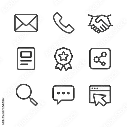 Client Acquisition Icons. Outline icon set of client acquisition techniques: email outreach, phone call, handshake, portfolio