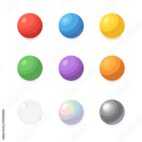 Colorful Ball Icon Grid. Isometric Flat icon set of ball pit color palettes: red ball, blue ball, yellow ball, green ball, purple