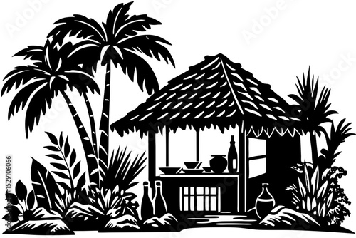 Tropical hut with palm trees and bottles