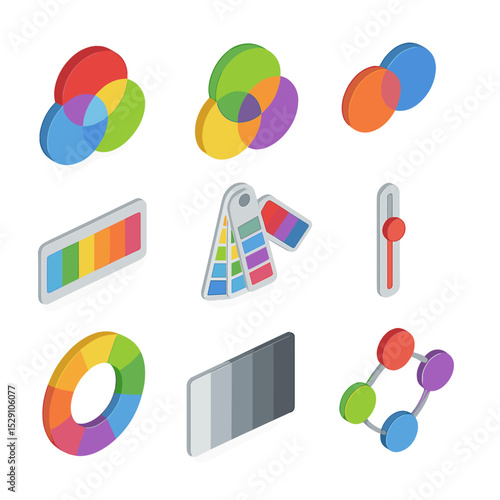 Color Theory Icons. Isometric Flat icon set of color theory elements: primary colors, secondary colors, complementary palette,