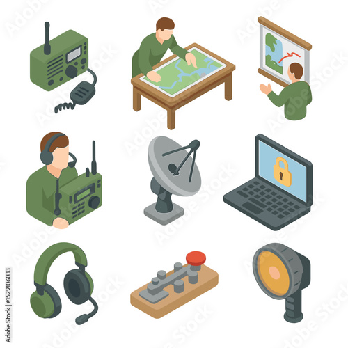 Command Post Icon Set. Isometric Flat icon set of command post operations: radio communication, map table, briefing chart, radio