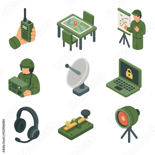 Command Post Icon Set. Isometric Flat icon set of command post operations: radio communication, map table, briefing chart, radio