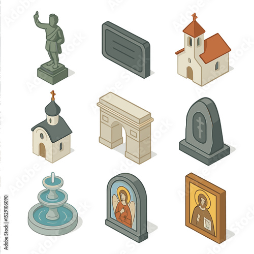 Commemorative Monument Icons. Isometric Flat icon set of commemorative monuments: statue, memorial plaque, church, chapel,