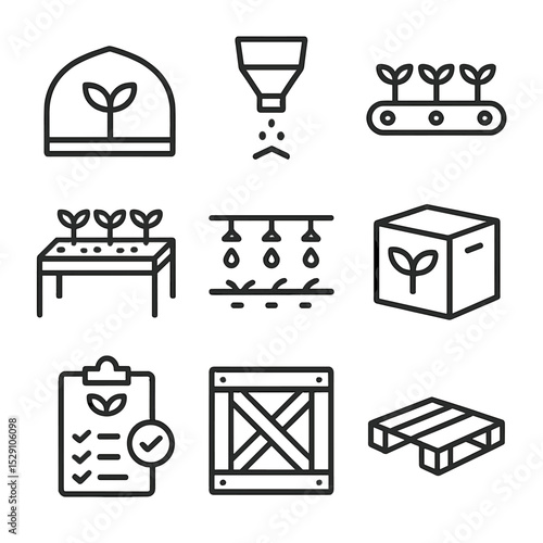Commercial Sprout Farming Icons. Outline icon set of commercial sprout farming: greenhouse structure, seed hopper, conveyor belt,