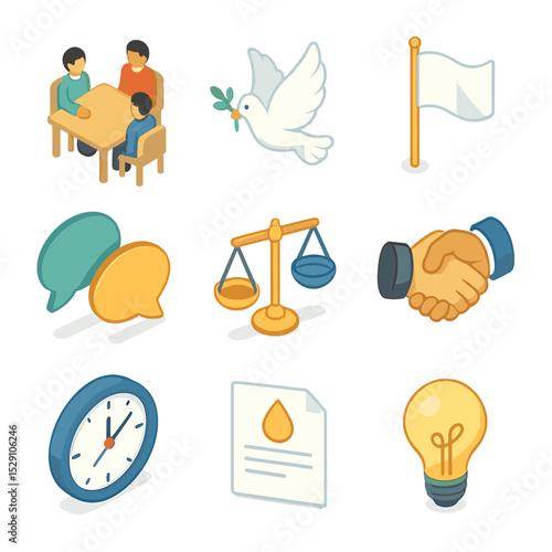 Conflict Resolution Icons. Isometric Flat icon set of conflict resolution techniques: mediation table, peace dove, white flag,