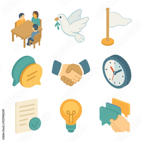 Conflict Resolution Icons. Isometric Flat icon set of conflict resolution techniques: mediation table, peace dove, white flag,