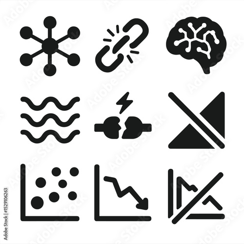 Connectivity Disruption Icons. Solid, Filled icon set of functional connectivity disruption: node network, broken link, brain