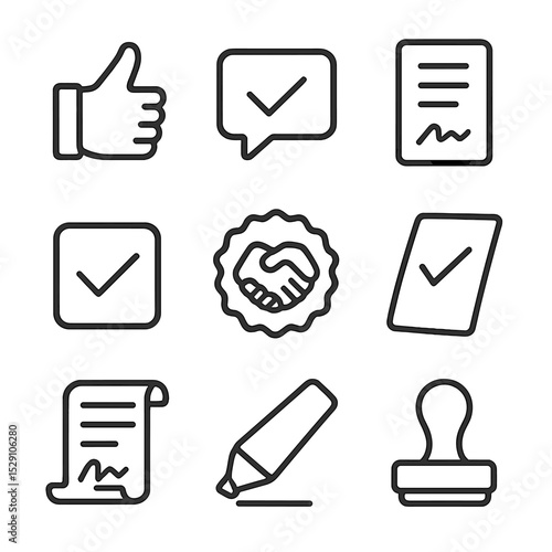 Consent Icons Grid. Outline icon set of consent and permission: thumbs up hand, verbal agreement bubble, signed form, checkbox