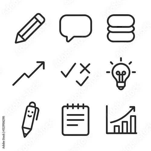 Constructive Feedback Icons. Outline icon set of constructive feedback: pencil edit, comment bubble, sandwich method icon,