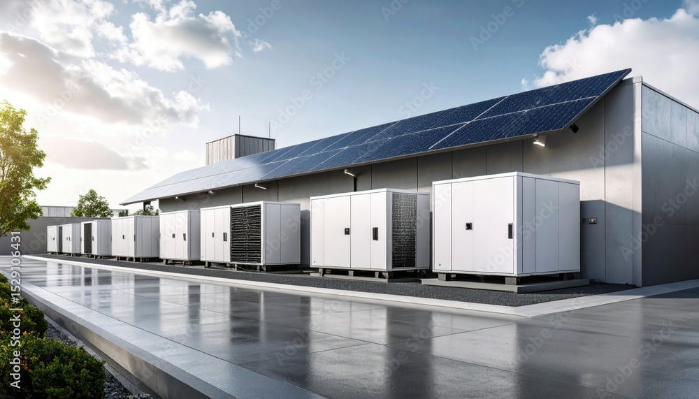 Fototapeta premium Edge Cloud Infrastructure Displaying Metallic Servers with Solar Panels on Urban Rooftop under Cloudy Sky
