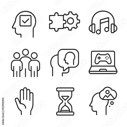 Coping Strategies Icons. Outline icon set of coping strategies: cognitive reframing, problem solving, relaxation music, support