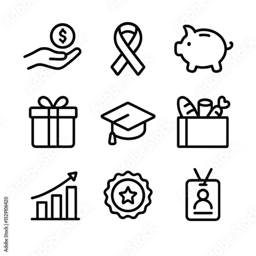 Corporate Philanthropy Icons. Outline icon set of corporate philanthropy efforts: donation hand, charity ribbon, piggy bank, gift