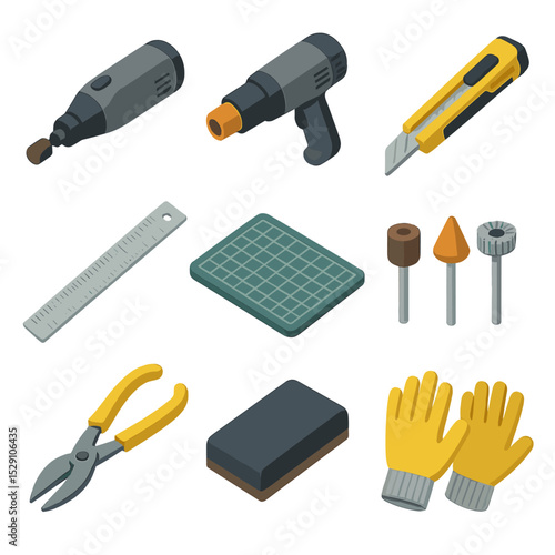 Cosplay Armor Tools Icons. Isometric Flat icon set of cosplay armor tools: rotary tool, heat gun, utility knife, metal ruler,