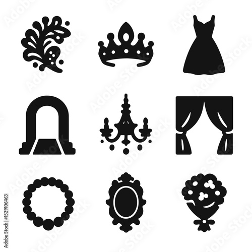 Couture Icon Collection. Solid, Filled icon set of high-end couture photography: embroidery detail, tiara, satin gown, runway arch