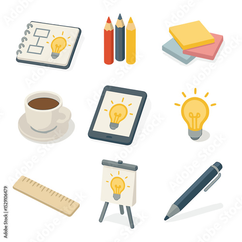 Creative Brainstorming Icons. Isometric Flat icon set of creative brainstorming session: sketchbook, colored pencils, sticky notes