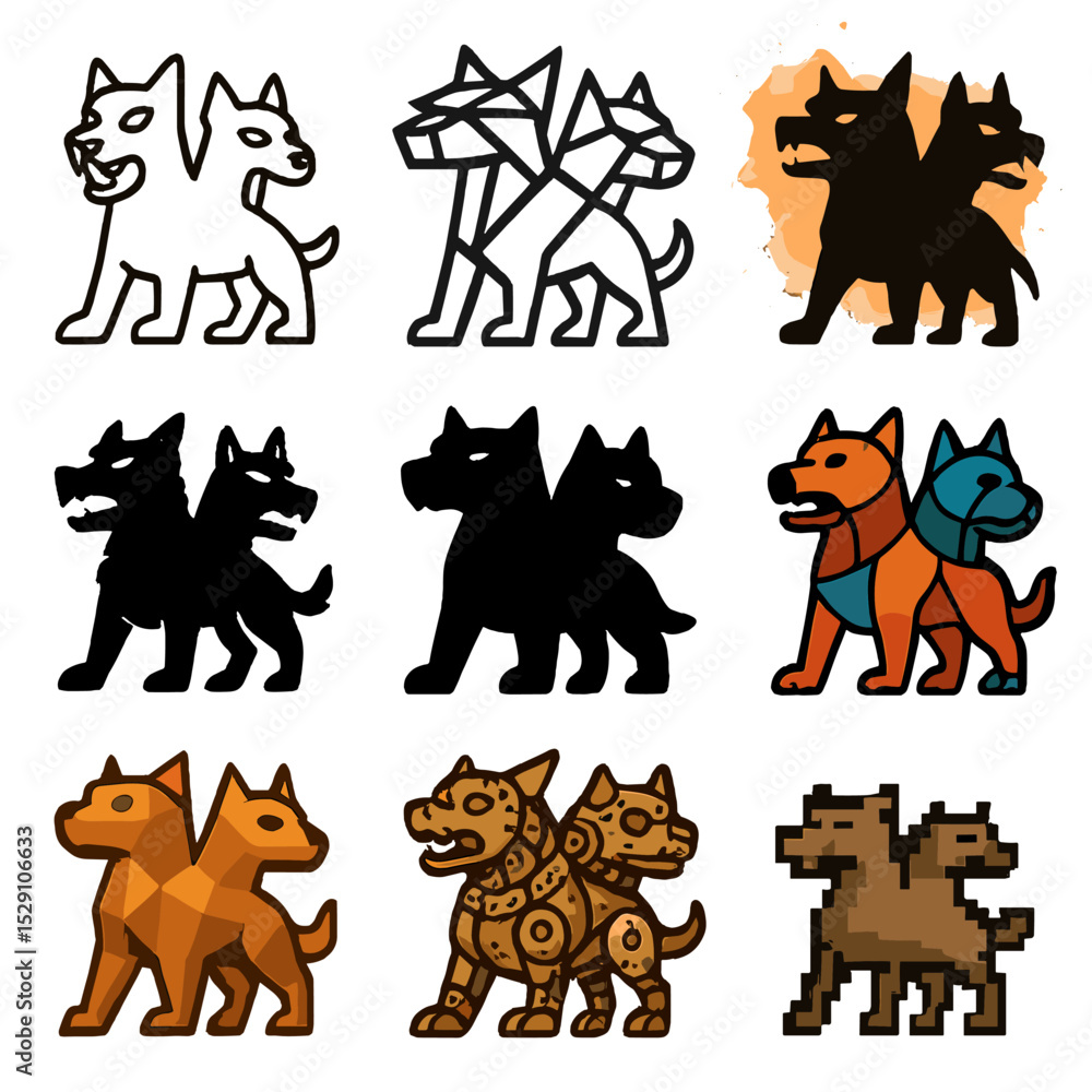 Fototapeta premium Cerberus Icon Grid. Solid, Filled icon set of Cerberus artistic styles: minimalist outline, geometric abstraction, watercolor
