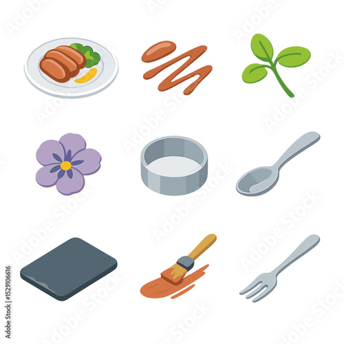 Culinary Icon Grid. Isometric Flat icon set of plating and presentation styles: garnished plate, sauce drizzle, microgreens sprig,