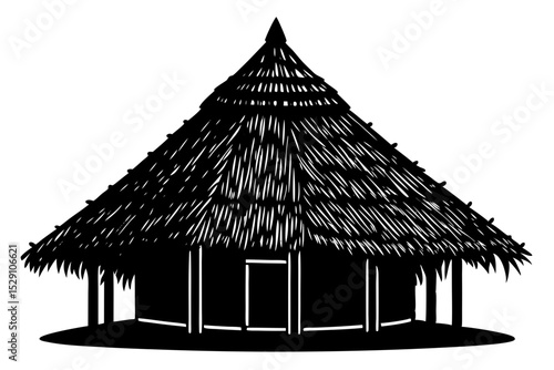 Black and white silhouette of a thatched hut