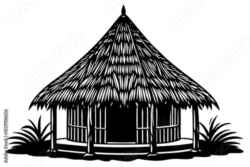 Tropical thatch hut black and white illustration