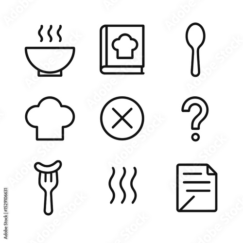 Culinary Myth Icons. Outline icon set of culinary myths: soup bowl, cookbook, spoon, chef hat, poison cross, question mark,