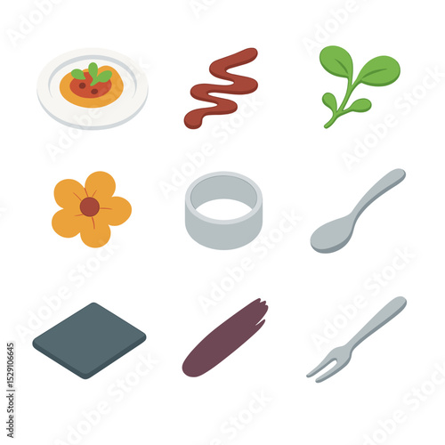 Culinary Icon Grid. Isometric Flat icon set of plating and presentation styles: garnished plate, sauce drizzle, microgreens sprig,