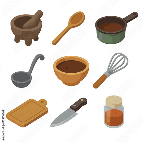 Culinary Utensils Icons. Isometric Flat icon set of culinary utensils for mole sauce: mortar and pestle, wooden spoon, saucepan,