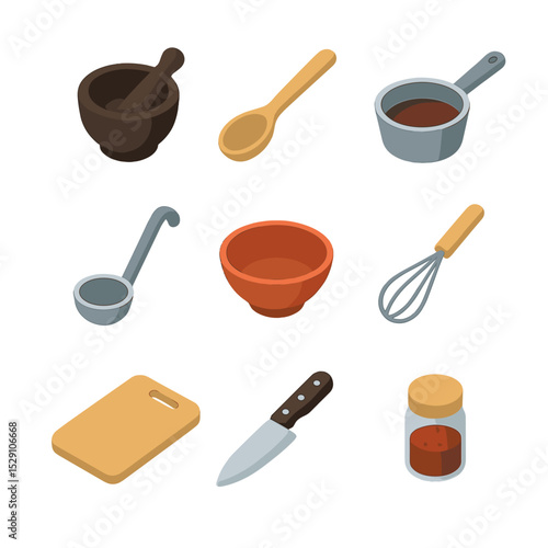 Culinary Utensils Icons. Isometric Flat icon set of culinary utensils for mole sauce: mortar and pestle, wooden spoon, saucepan,