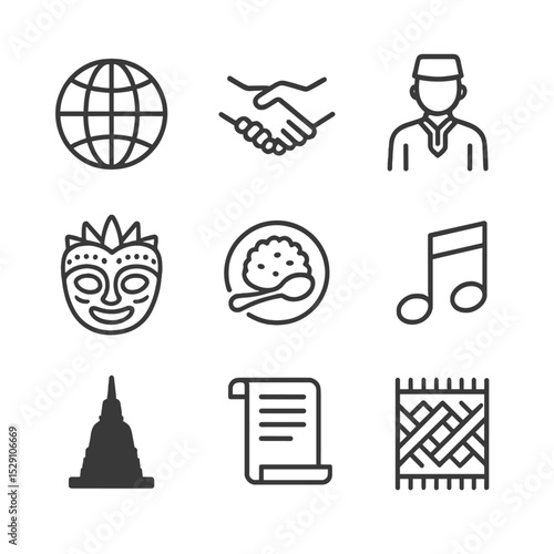 Cultural Competency Icons. Outline icon set of cultural competency skills: globe map, handshake, traditional costume, festival