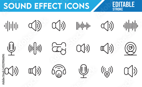 Set of Black and White Audio and Sound Icons: Microphones, Speakers, and Media Devices