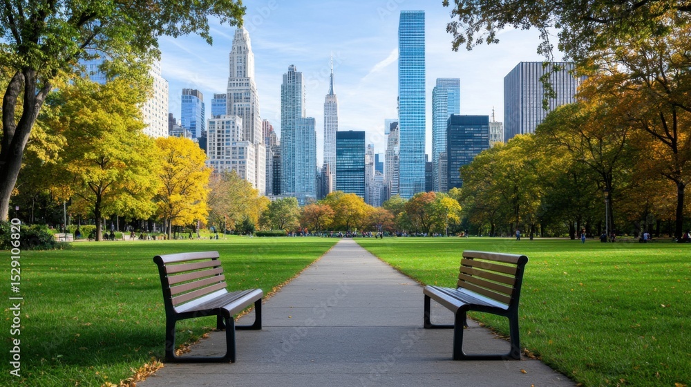 Fototapeta premium Serene Park Pathway with Benches and City Skyline in Fall Atmosphere