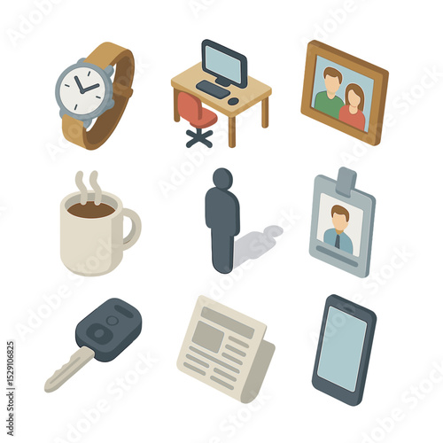 Daily Life Icons. Isometric Flat icon set of human life by day: wristwatch, office desk, family photo, morning coffee, day
