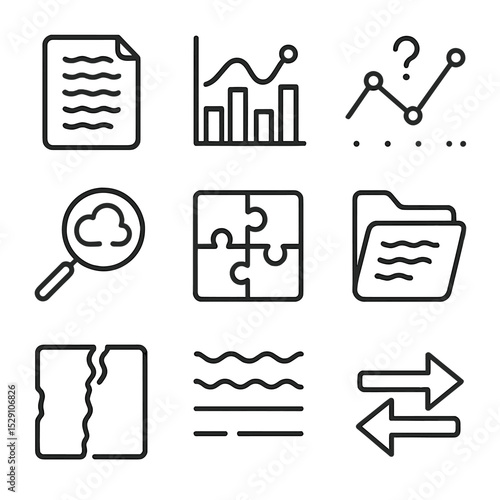 Data Ambiguity Icons. Outline icon set of data ambiguity and interpretation: blurred document, overlapping charts, data points