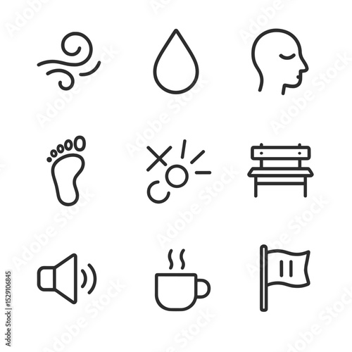 De-Escalation Icon Set. Outline icon set of de-escalation strategies: cool breeze swirl, water drop, calm face silhouette,