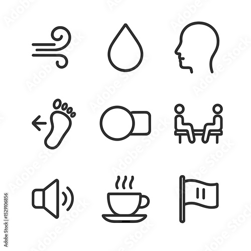 De-Escalation Icon Set. Outline icon set of de-escalation strategies: cool breeze swirl, water drop, calm face silhouette,
