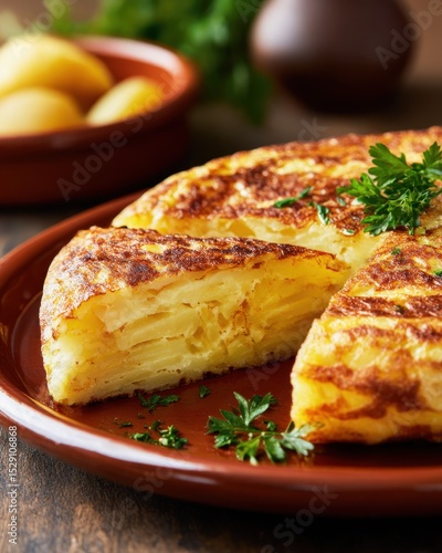 closeup shot ready to serve tortilla de patatas on plate shallow  warm natural lighting studio background