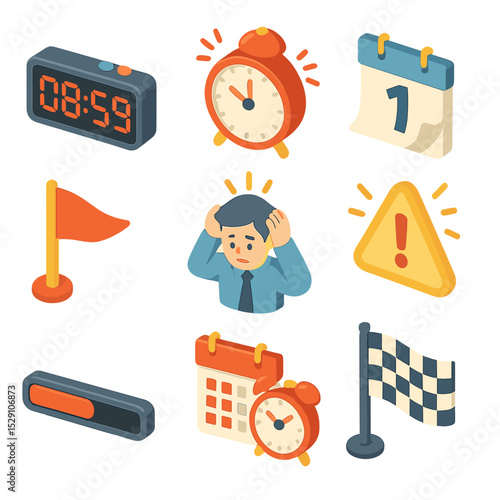 Deadline Icon Set. Isometric Flat icon set of deadline countdown: digital countdown timer, red blinking clock, calendar page